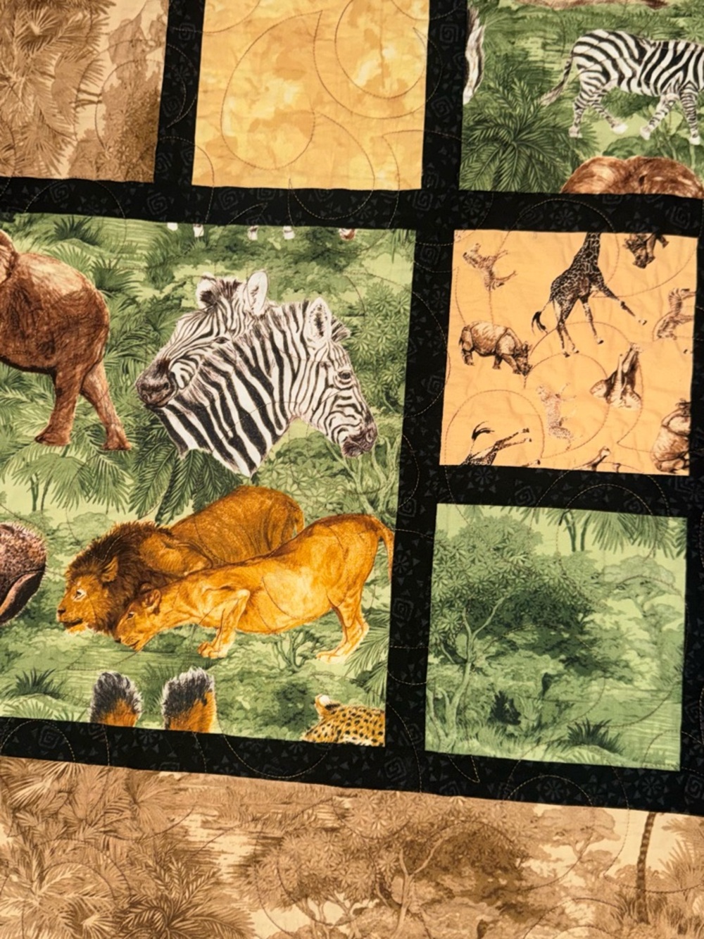 Safari Patchwork Quilted Throw - Green, Tan, Brown - Picture 6 of 9